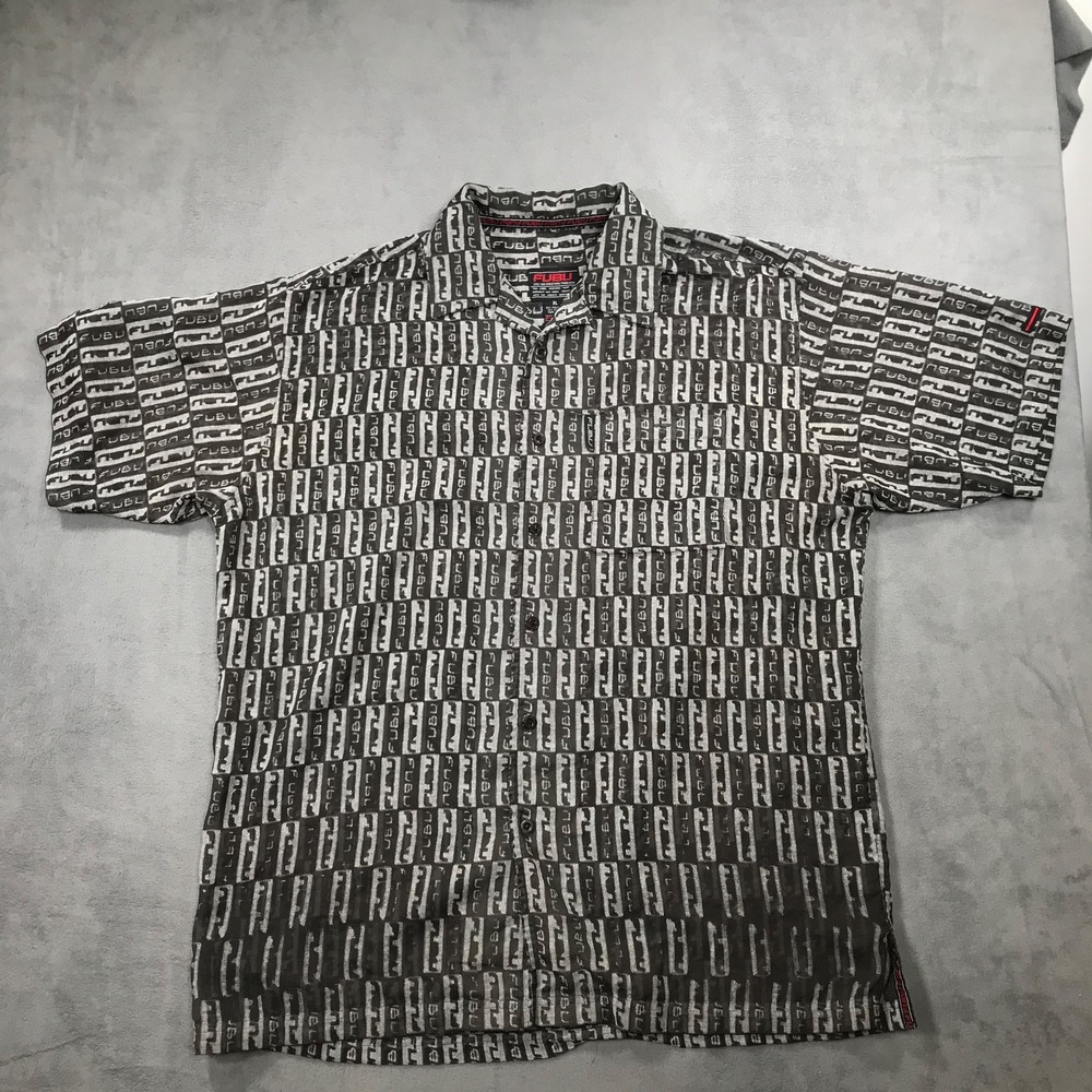 Vintage FUBU Shirt Men's XL Button Up Sheer AOP Club Hip Hop 90s Y2K Black Gray